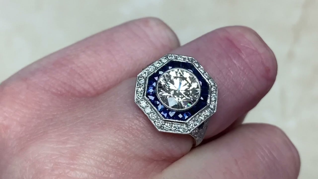 1.58ct Center Old European Cut Diamond and Sapphire Engagement Ring - Lisbon Ring - Hand Video