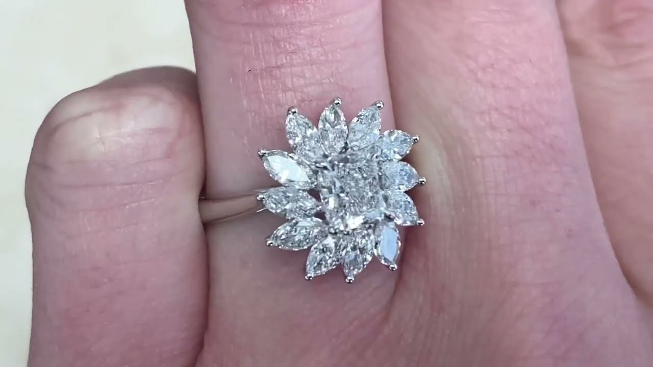 0.91ct Cushion-cut and Floral Marquis Cut Halo Diamond Engagement Ring - Delray Ring - Hand Video