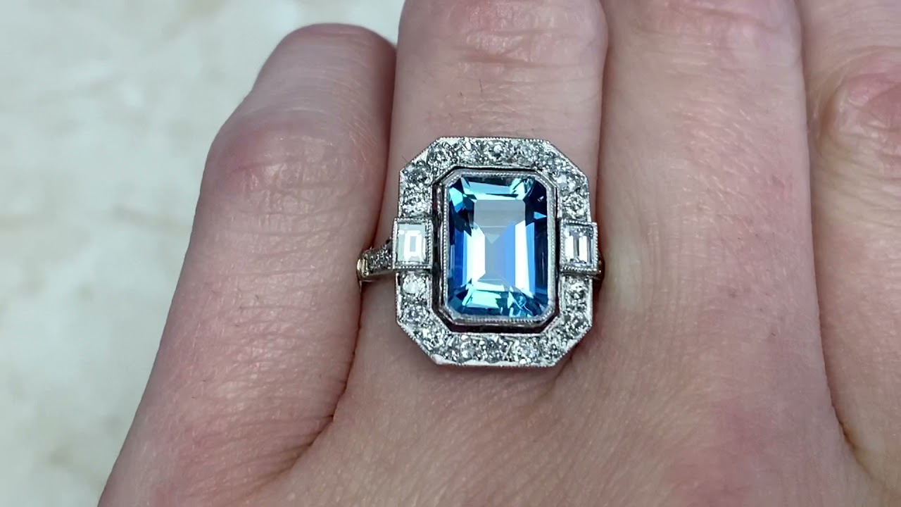 2.54ct Center Emerald Cut Aquamarine and Diamond Halo Ring - Lugano Ring - Hand Video