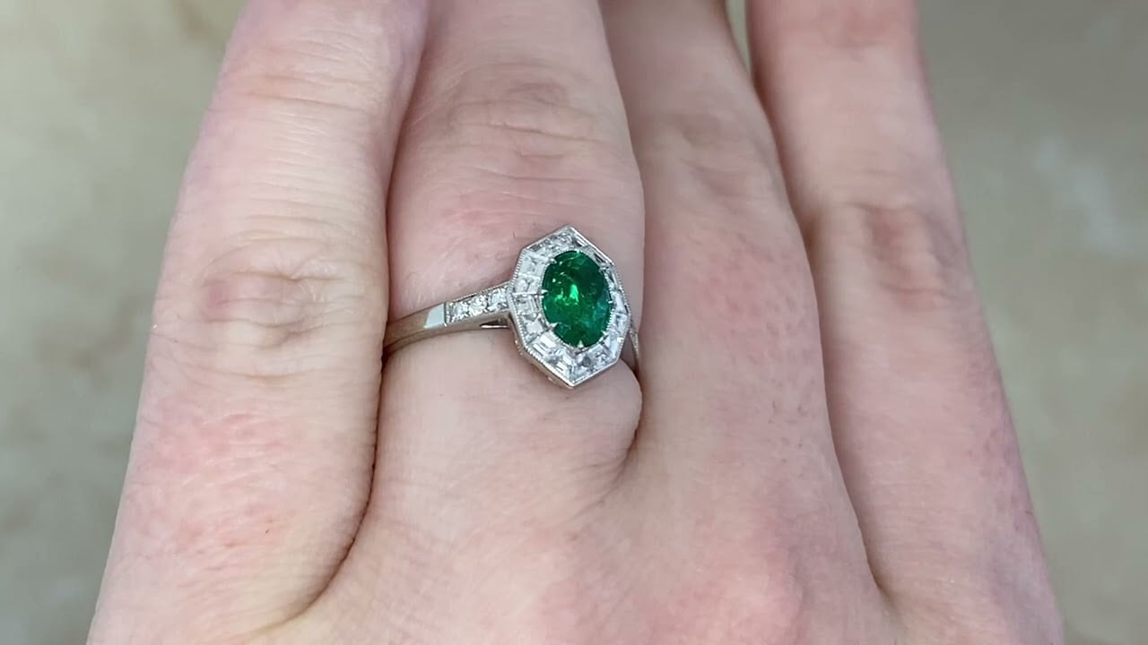 0.80ct Emerald and Diamond Halo Katonah Ring - hand video