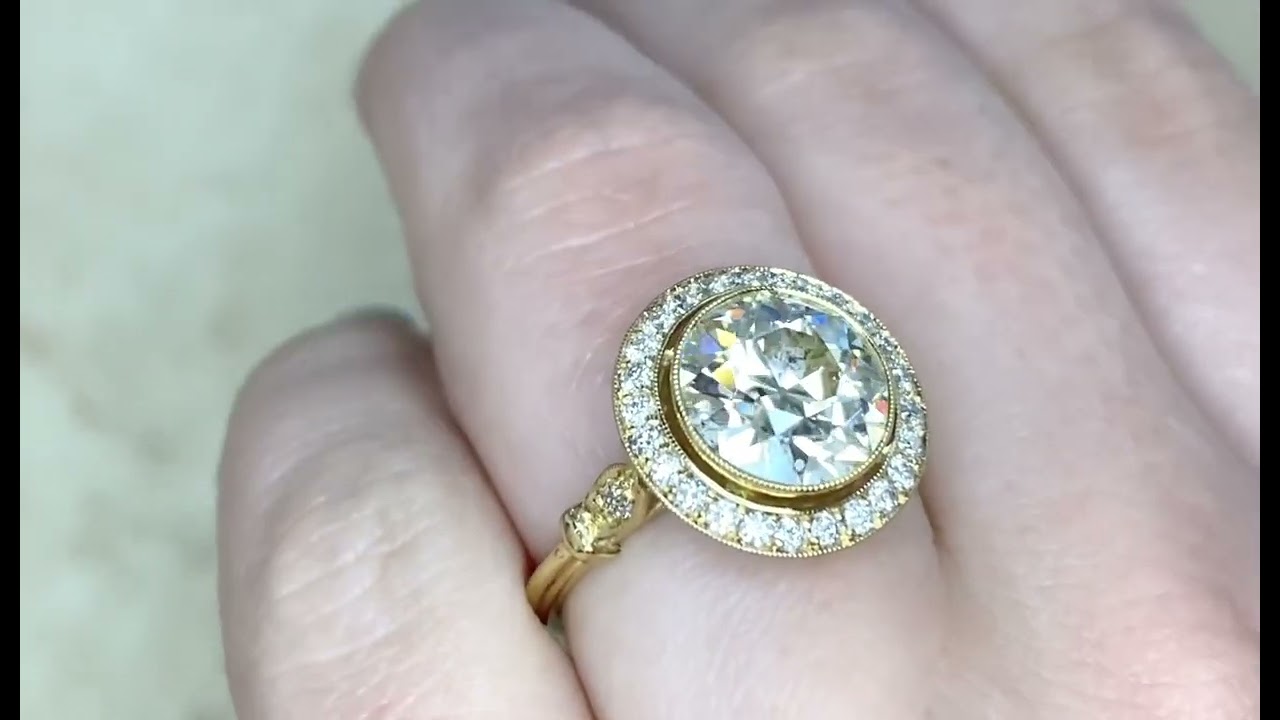 3.26ct Center Old European Cut Diamond Halo 18k Yellow Gold Engagement Ring -Astoria Ring-Hand Video