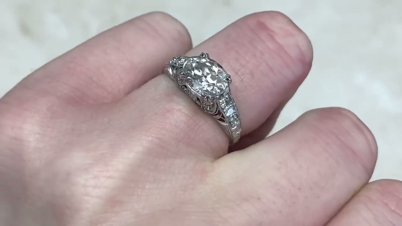 Art Deco Era 1.48ct Center Oval Cut East-West Diamond Engagement Ring - Warren Ring - Hand Video