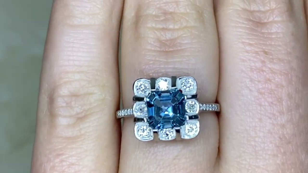 0.84ct Center Asscher Cut Aquamarine and Diamond Cluster Halo Ring - Aber Ring - Hand Video