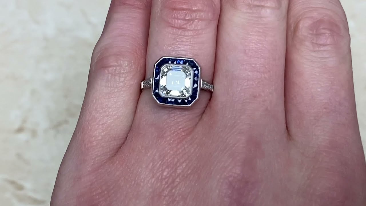 2.07ct Center Asscher Cut Diamond and Sapphire Halo Engagement Ring - Bowery Ring - Hand Video