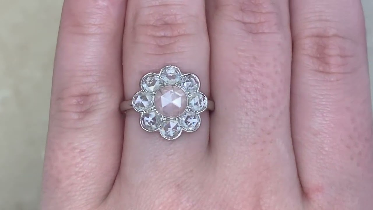 0.50ct Rose-Cut Diamond Floral Cluster Libourne Ring - hand video