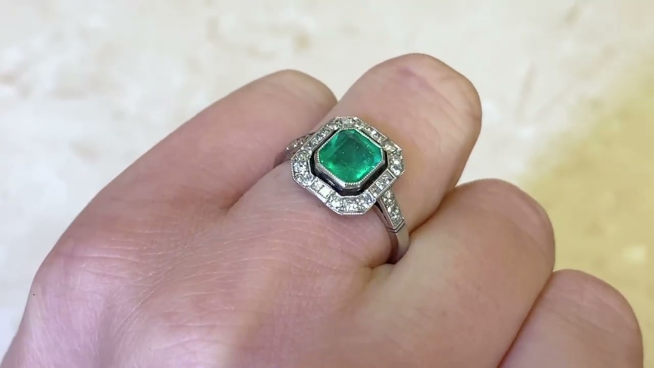 0.84ct Emerald & Geometric Diamond Halo Gemstone Ring - Roslyn Ring - Hand Video