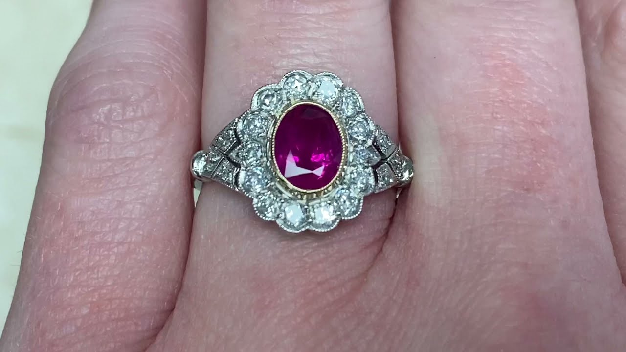 1.26ct Center Oval Cut Burma Ruby and Floral Diamond Halo Ring - Tulip Ring - Hand Video