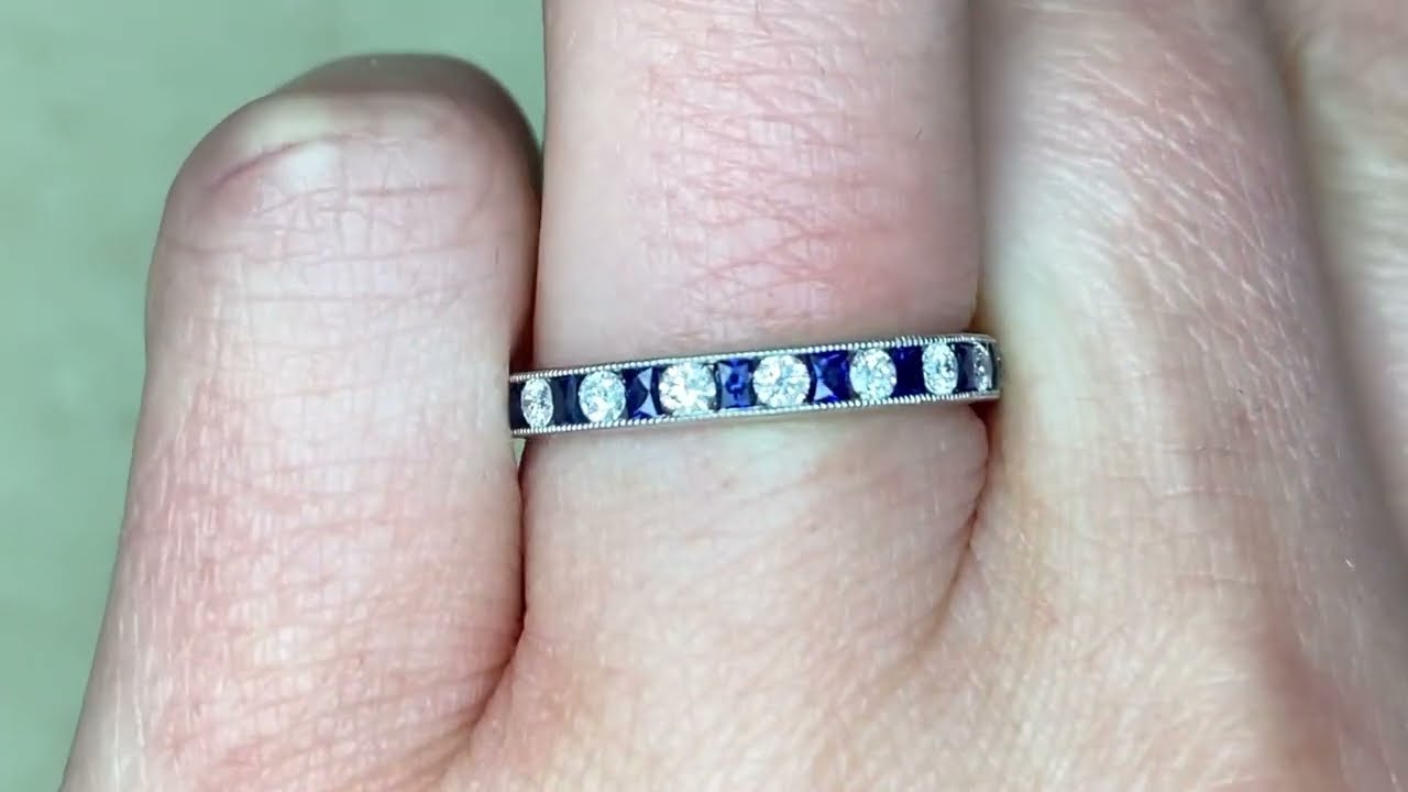 Half Eternity Diamond & Sapphire Alternating Wedding Band - Ladue Band - Hand Video