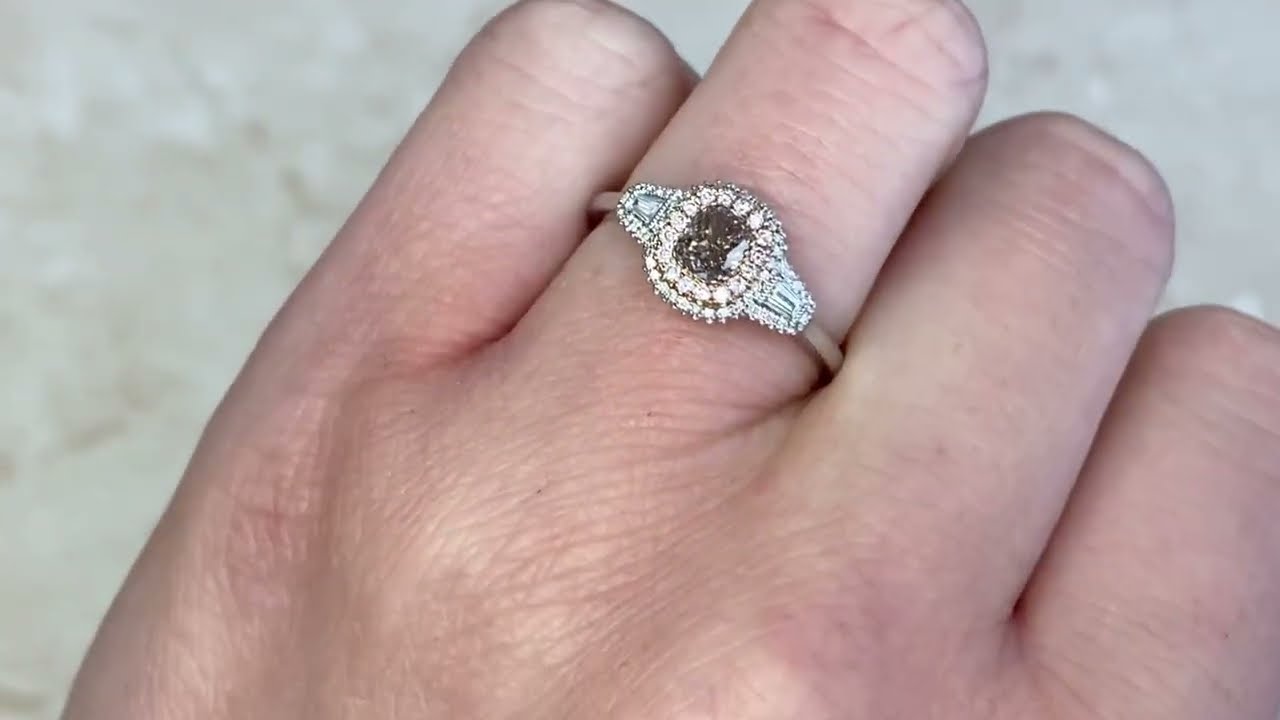 Brownish Pink Diamond & Double Halo 18k White Gold Engagement Ring - Le Marais Ring - Hand Video