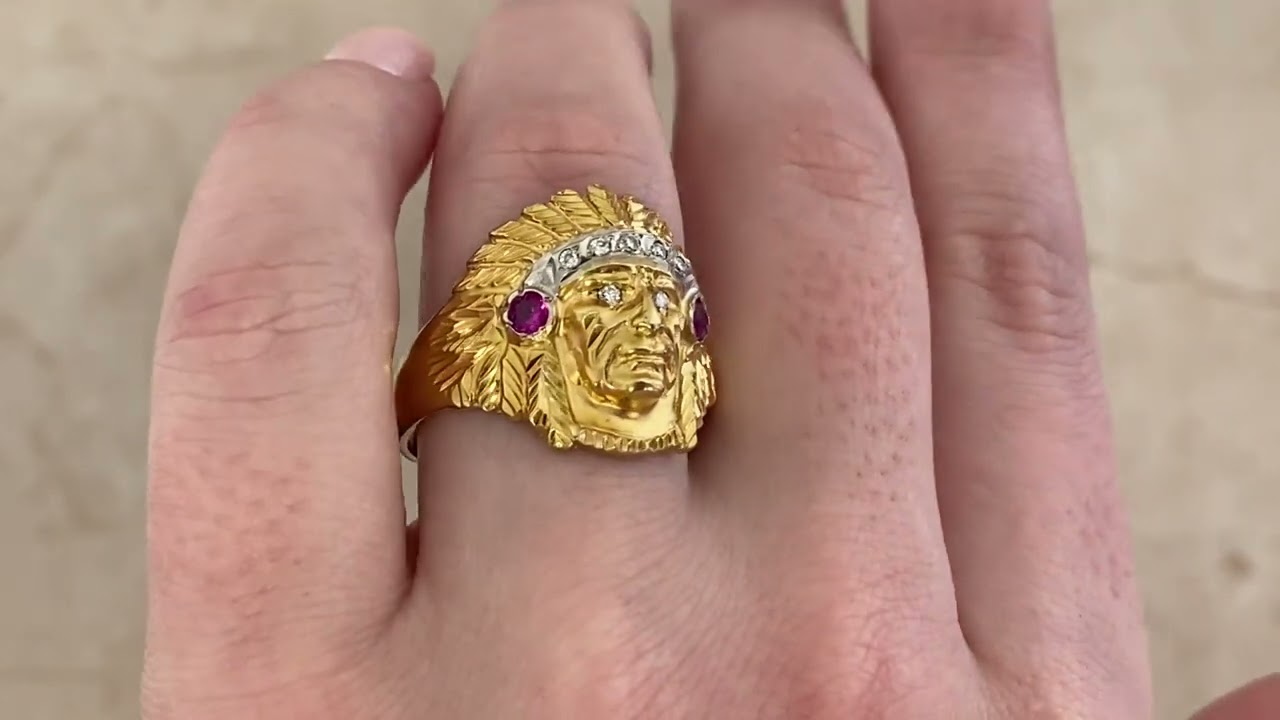 18k Yellow Gold Diamond and Ruby Tribal Ring - hand video