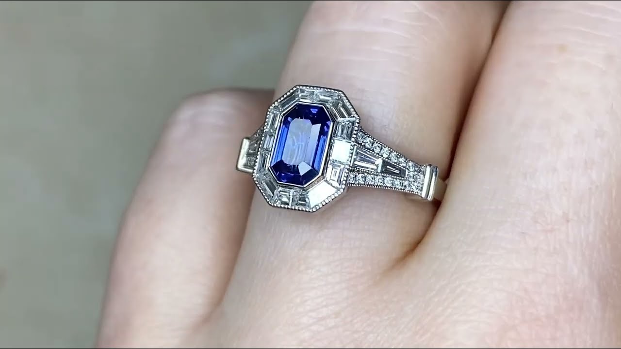 1.25ct Center Emerald Cut Sapphire and Baguette Cut Diamond Halo Ring - Vandenberg Ring - Hand Video