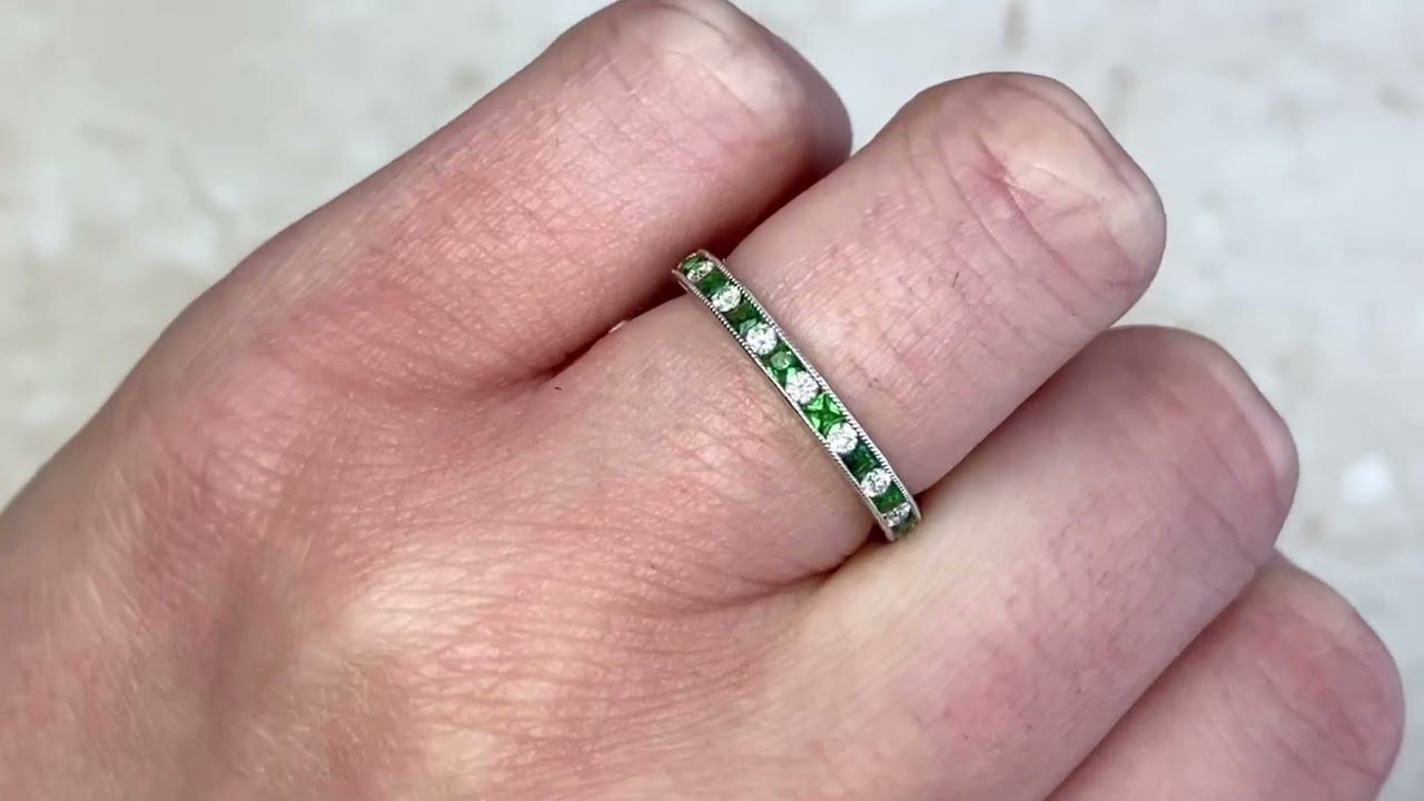 Half Eternity Natural Emerald & Diamond Alternating Wedding Band - Sylan Band - Hand Video