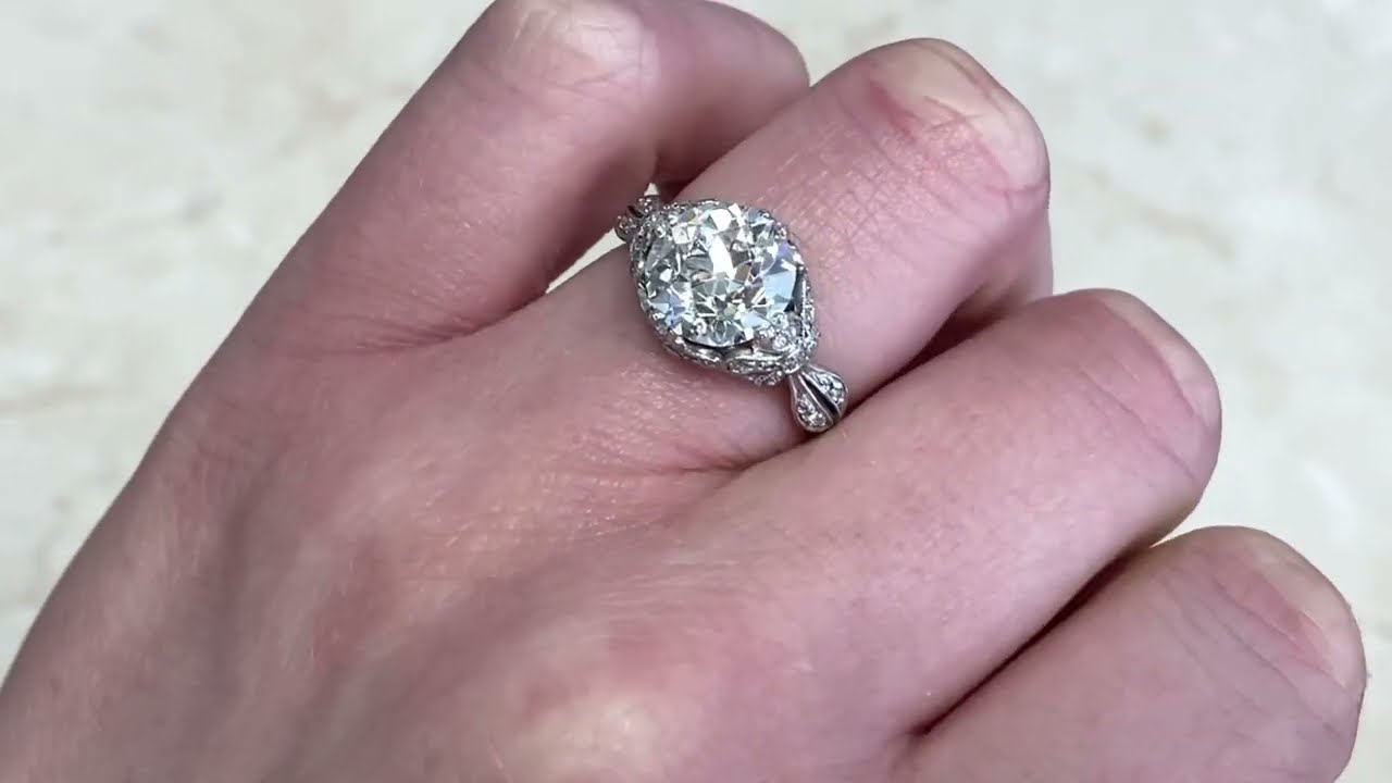 2.97 Old European Cut with Floral and Bow Motifs Diamond Engagement Ring - Cullum Ring - Hand Video