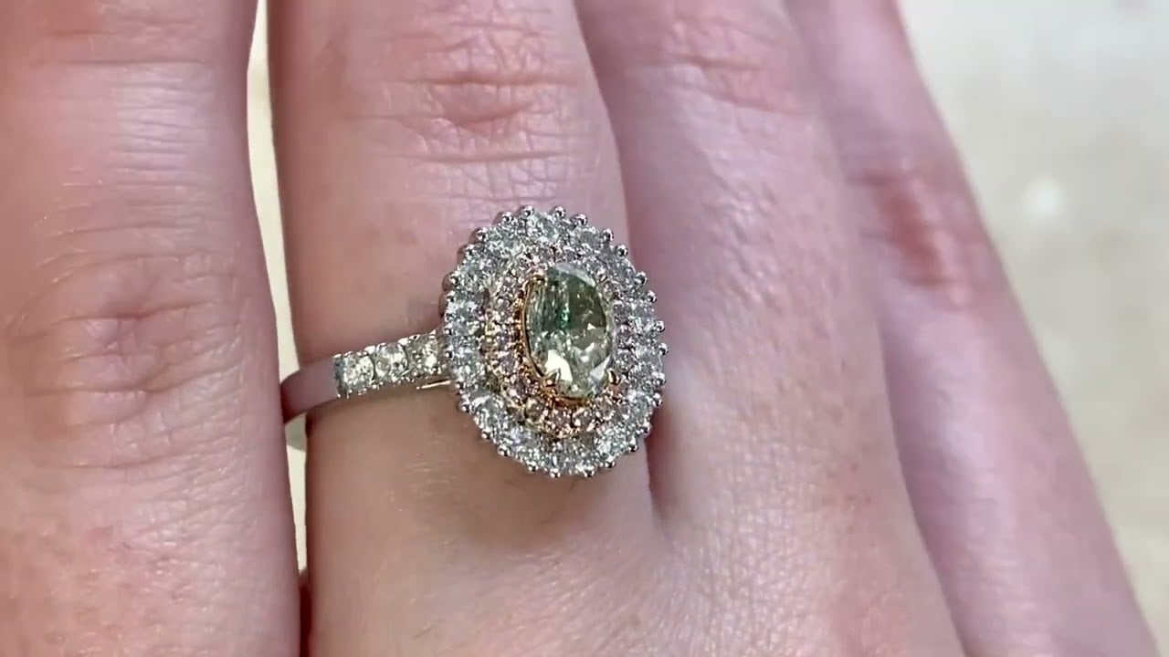 0.75ct Center Oval Cut Yellow=Green Diamond and Pink Diamond Halo Ring - Stockholm Ring - Hand Video