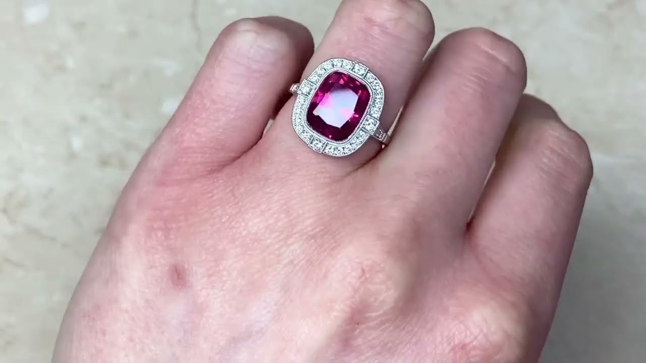 4.29ct Natural Rubellite & Diamond Halo Platinum Gemstone Ring - Allegheny Ring - Hand Video