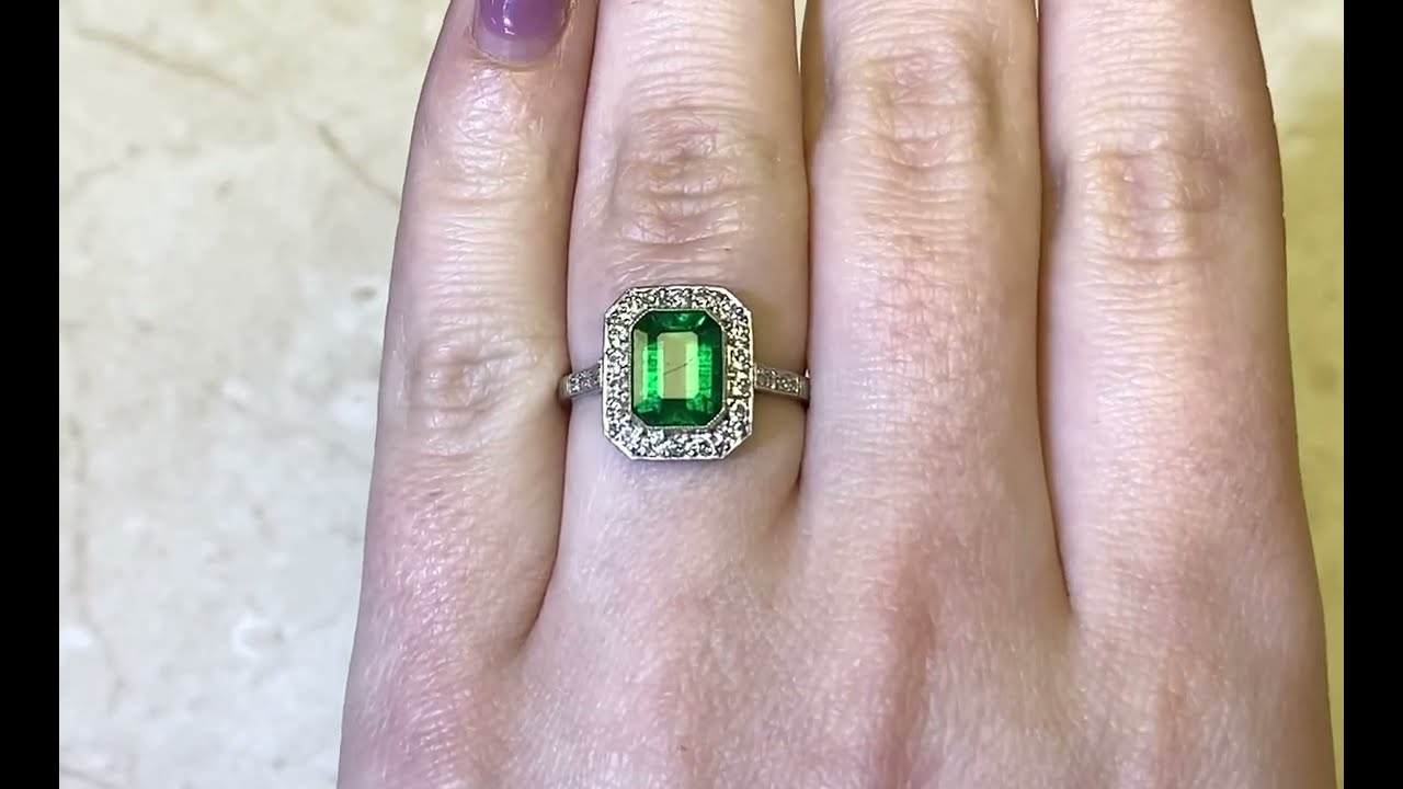 1.80ct Center Emerald and Old European Cut Diamond Halo Ring - Bakewell Ring - Hand Video