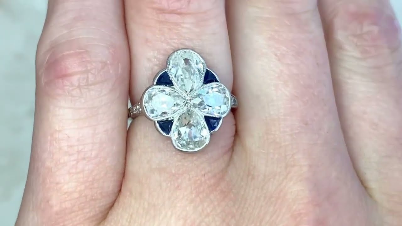 Antique Four Pear Shaped Diamond & Sapphire Platinum Ring - Marmande Ring. Circa 1925 - Hand Video