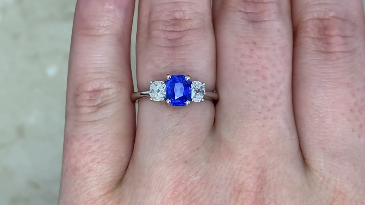 1.59ct Kashmir Sapphire Flanked by Diamonds Lorneville Ring - hand video -