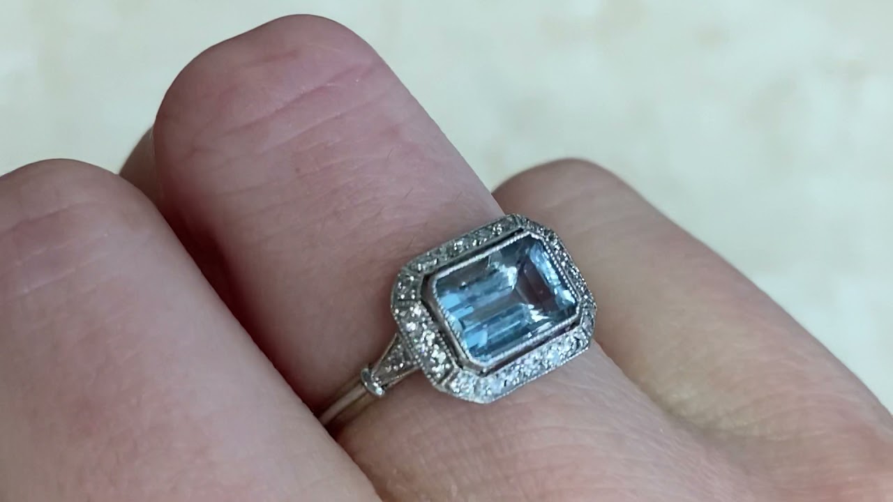 1.45ct Natural Aquamarine Geometric Diamond Halo Engagement - Warden Ring - Hand Video