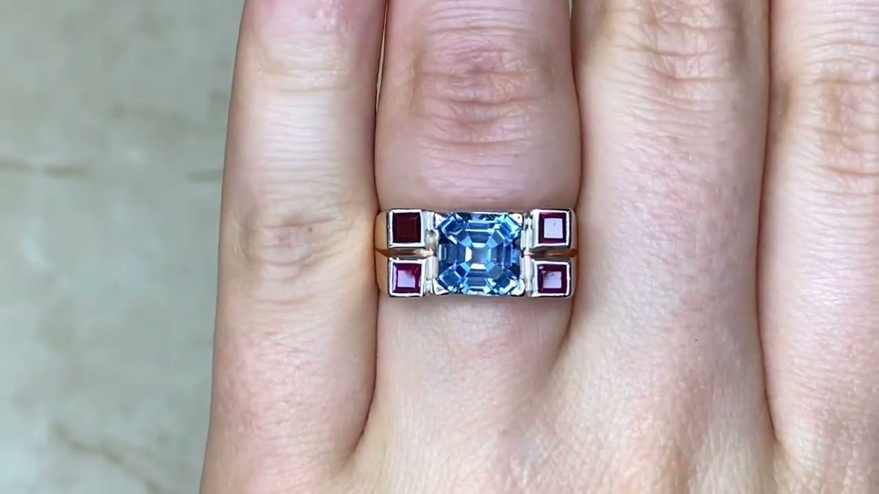 1.37ct Center Asscher Cut and Ruby 14k Rose Gold Ring Circa 1940 - Sesia Ring - Hand Video
