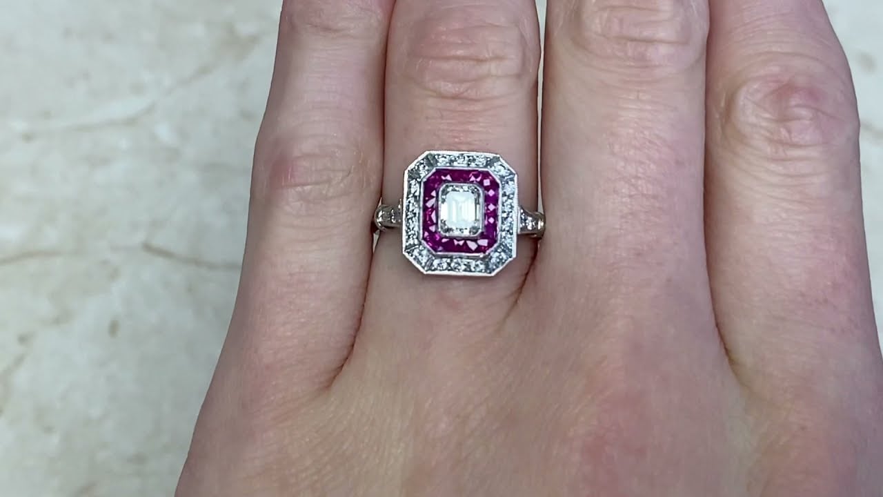0.52ct Center Emerald Cut Diamond and Ruby Halo Ring - Braganca Ring - Hand Video