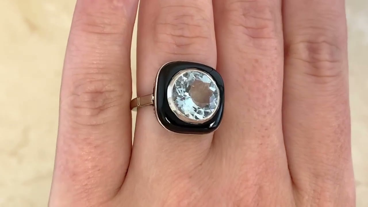 3.01ct Aquamarine with Onyx Halo Abriola Ring. Circa 1935, Antique, Art Deco Era - hand video -