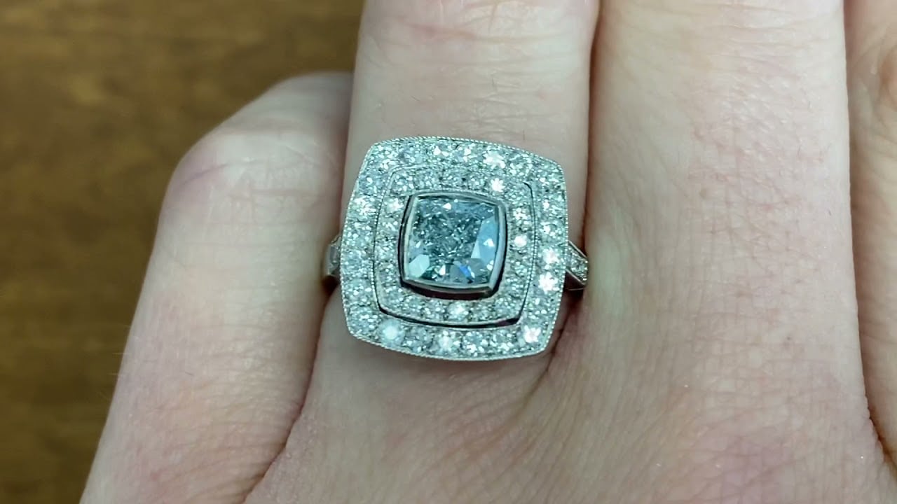 Rare Fancy Blue Diamond and Old Cut Diamond Halo Engagement Ring - Luxembourg Ring - Hand Video