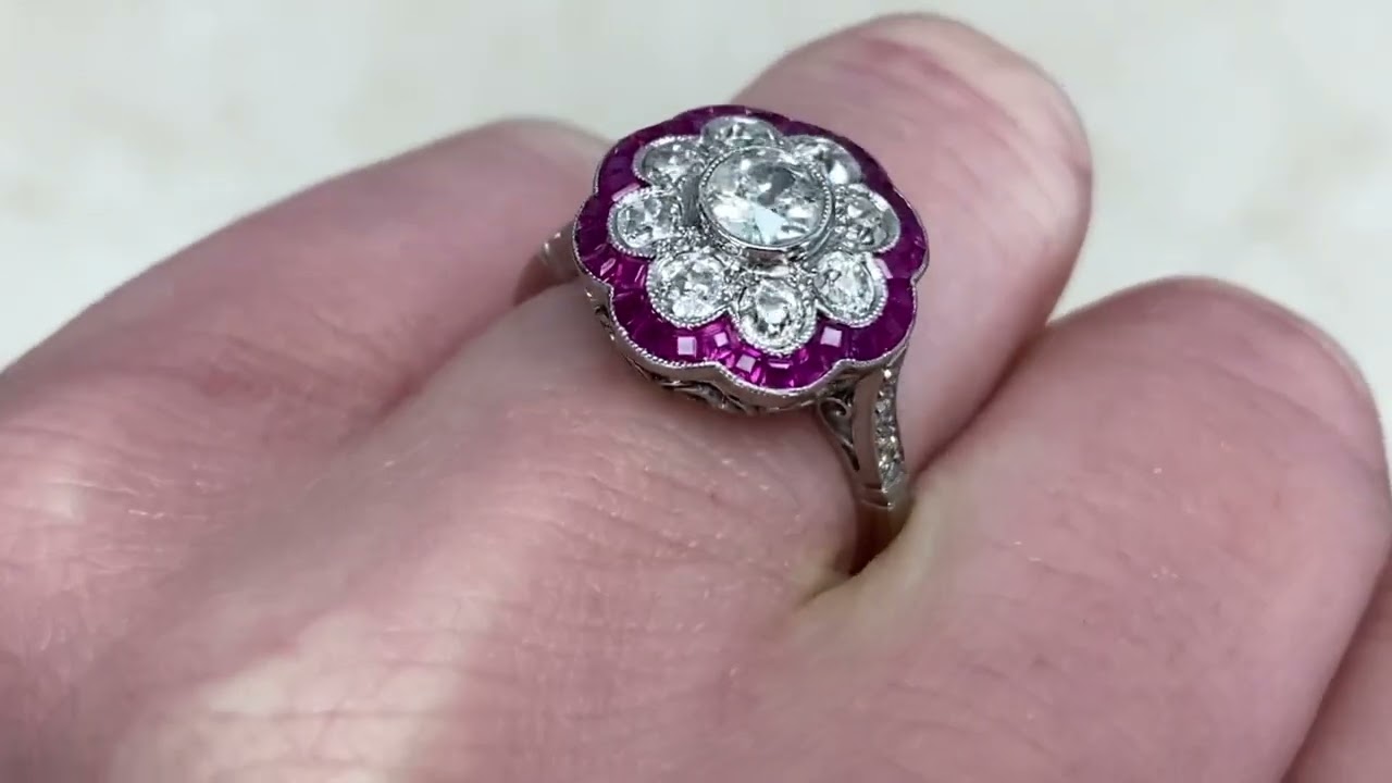 Floral Cluster Diamond & Natural Ruby Halo Engagement Ring - Tufton Ring - Hand Video