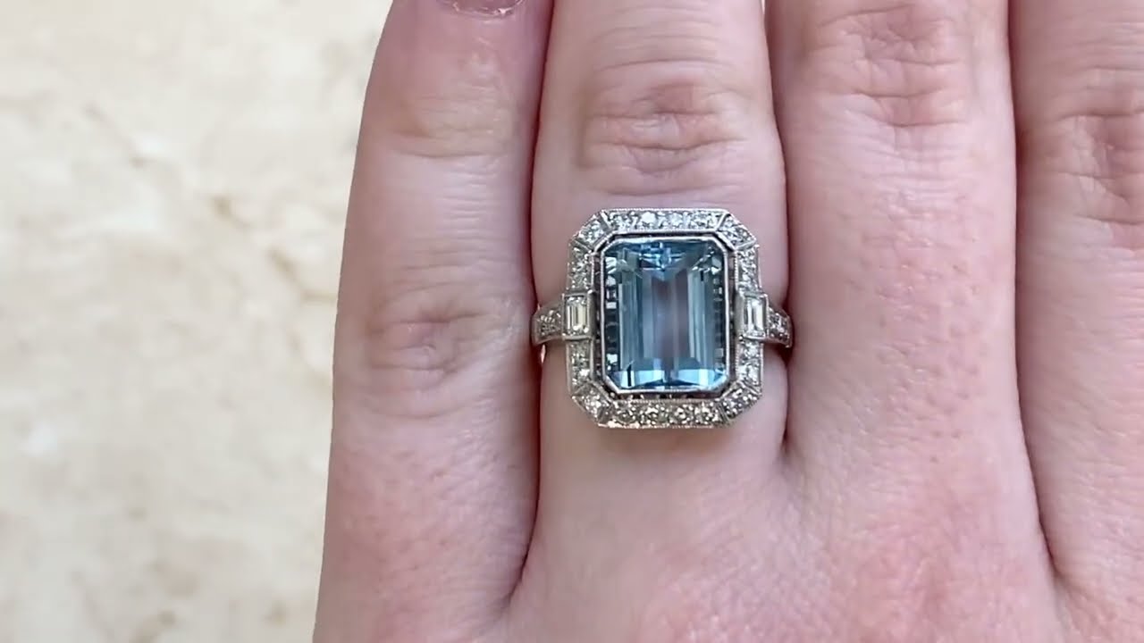 Emerald Cut Aquamarine and Diamond Halo Ring - Elmswell Ring - Hand Video