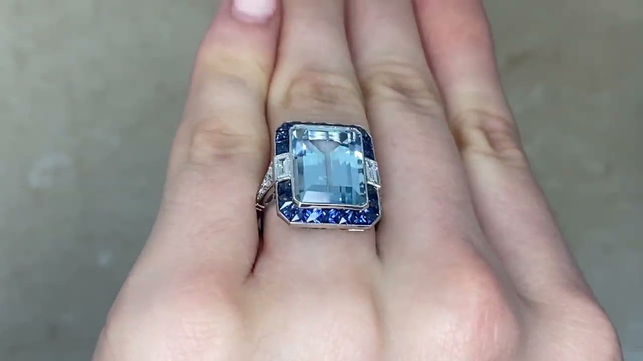 7.44ct Aquamarine and Sapphire Halo Cavendis Ring