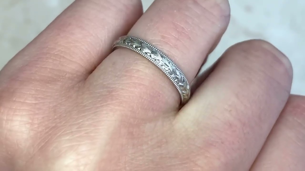 Platinum Hand Engraved Leaf Motif Wedding Band - Zurich Band 3mm - Hand Video