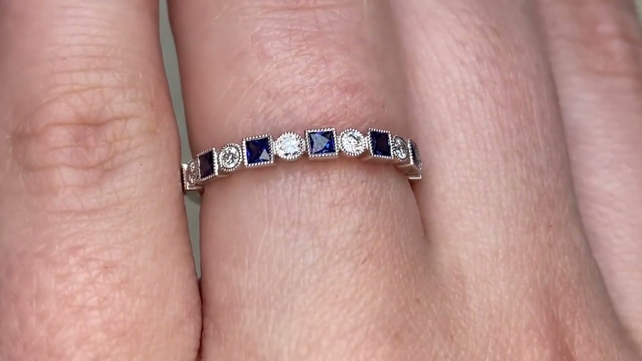 Round Brilliant Cut Diamond and French Cut Sapphire Half Eternity Band - Almont Band - Hand Video