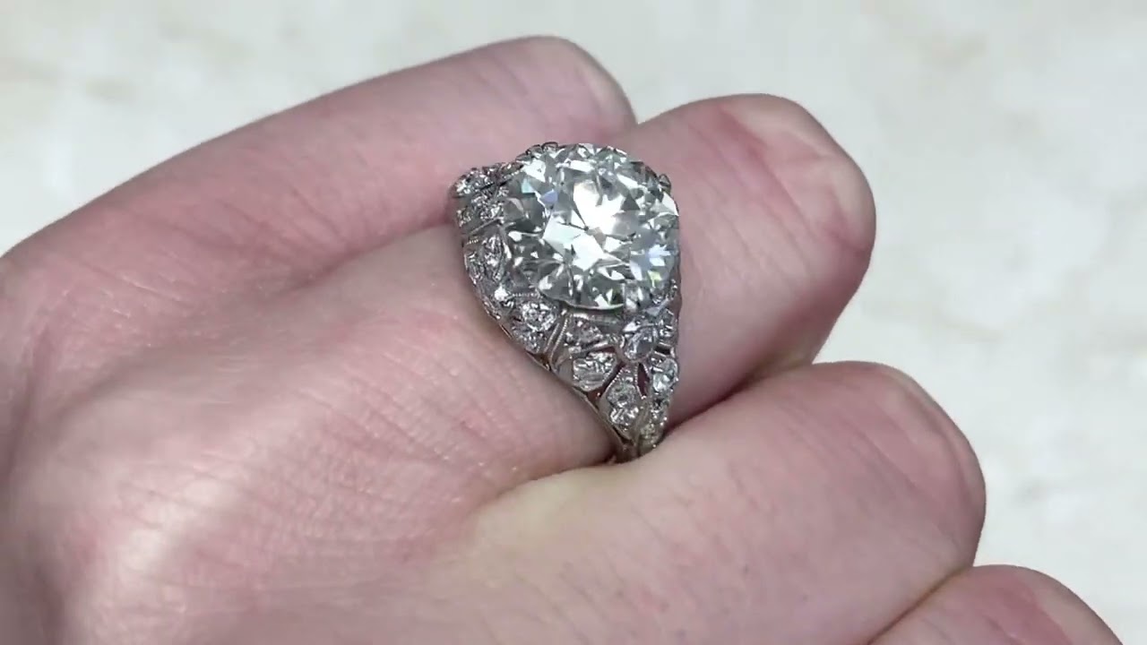 3.73ct Center Old European Cut Diamond Bow Motif Engagement Ring - Oakwood Ring - Hand Video