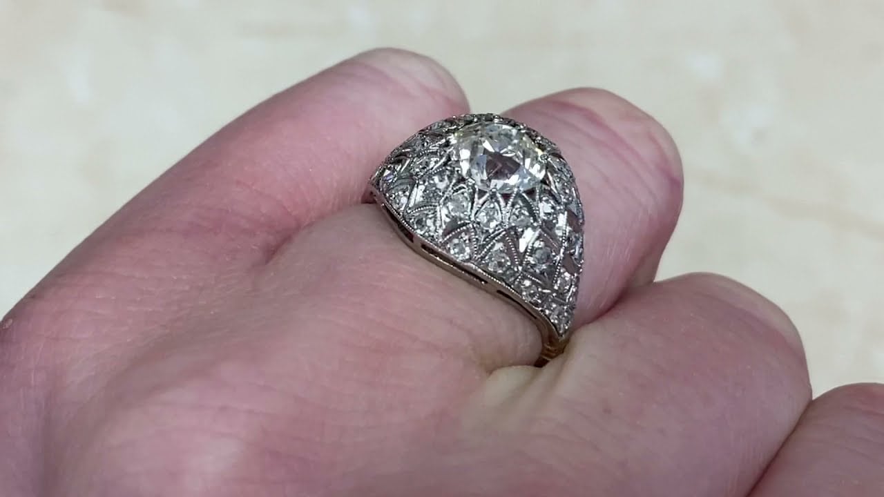 French Edwardian Era 1.48ct Center Old European Cut Diamond Dome Ring - Bohemia Ring - Hand Video