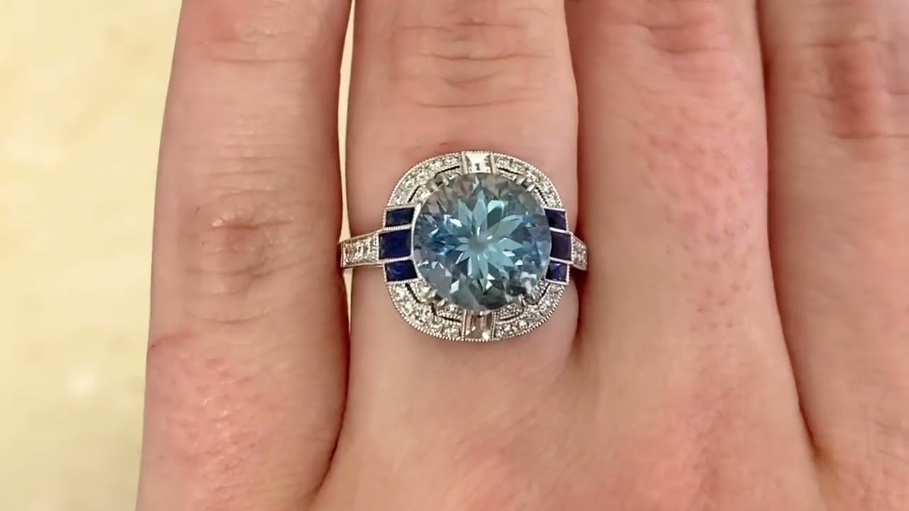 3.25ct Aquamarine and Sapphire Geometric Halo Ring - Welsh Ring - Hand Video