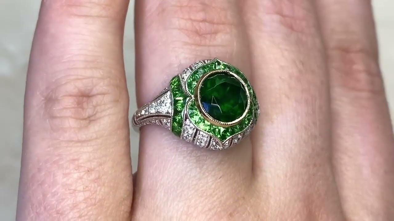 2.07ct GRS Certified Dementoid Garnet and Diamond Halo Ring - Casper Ring - Hand Video