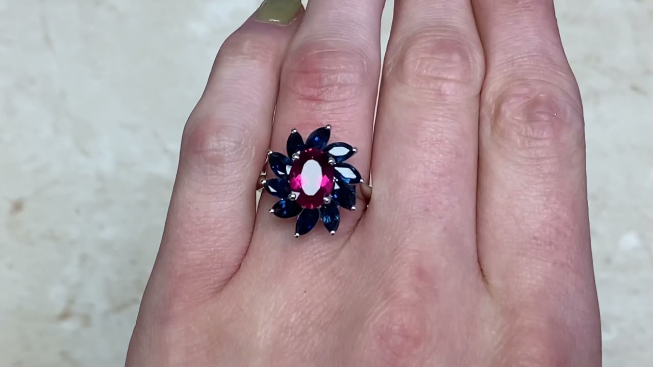 1.51 Carat Rubellite and Sapphire Ring in 18k White Gold - Koi Ring - Hand Video