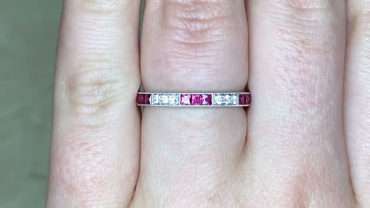 2.60mm Round Brilliant Cut and French Cut Ruby Eternity Wedding Band - Redford Band - Hand Video