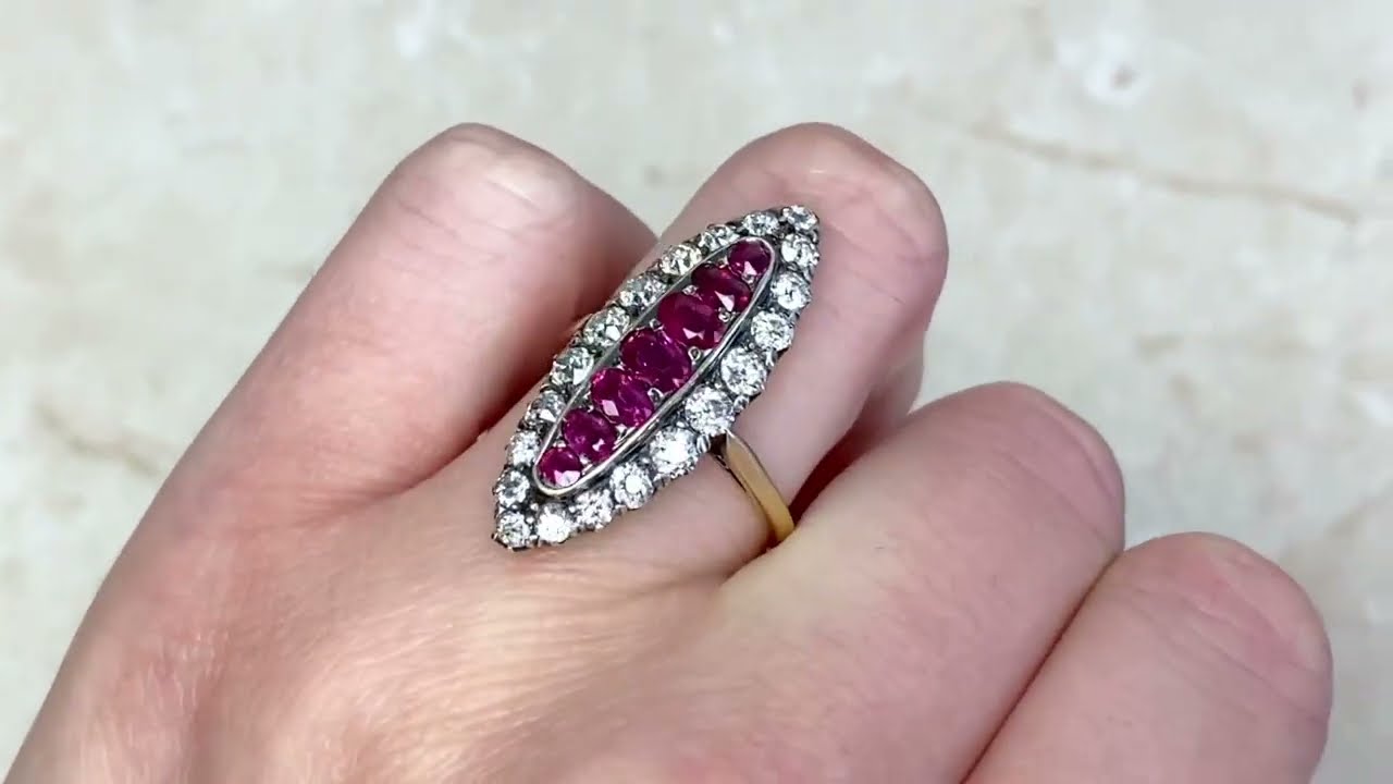 Navette Antique Natural Ruby & Diamond Halo Cocktail Ring - Medina Ring. Circa 1890 - Hand Video