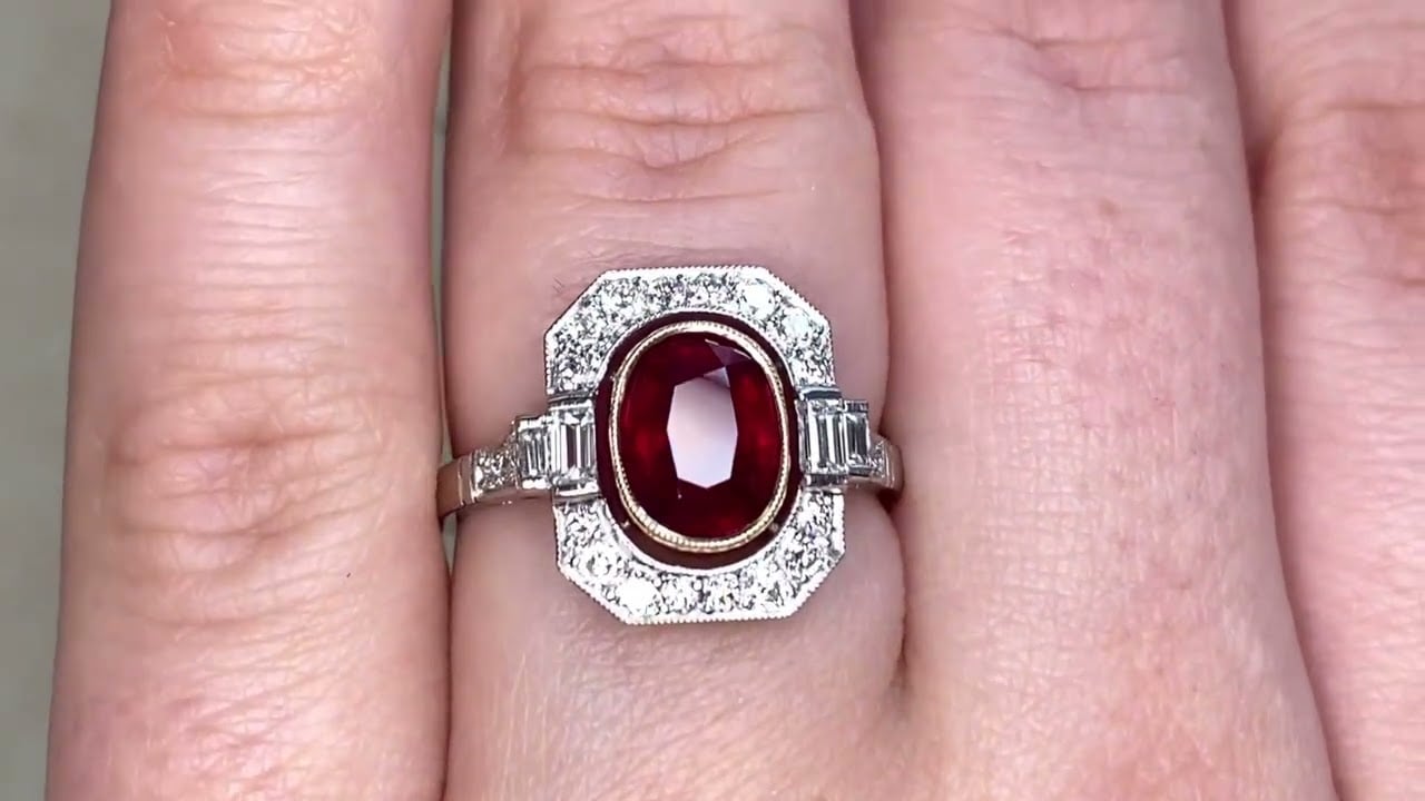 1.66ct Center Oval Ruby and Old Mine Cut Diamond Halo Ring - Sicily Ring - Hand Video
