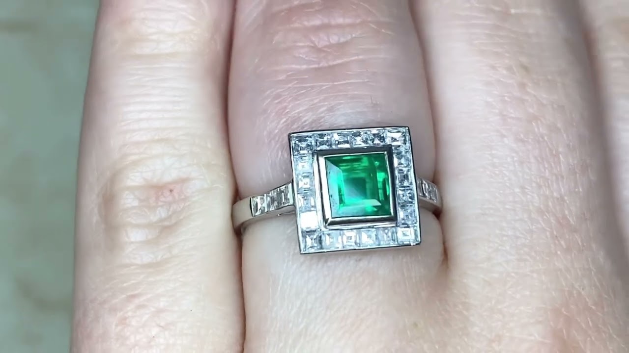 1.00ct Center Emerald Cut Emerald and Carre Cut Diamond Halo Ring - Carville Ring - Hand Video