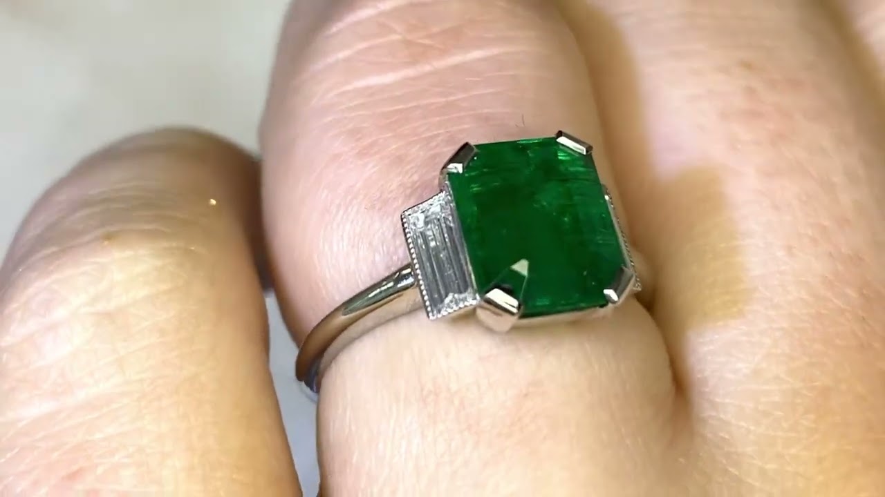 2.84ct Center Emerald Cut Emerald and Baguette Cut Diamond Ring - Hazelton Ring - Hand Video