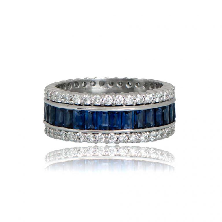 Wide Sapphire and Diamond Triple Platinum Lugo Band. 9.7mm