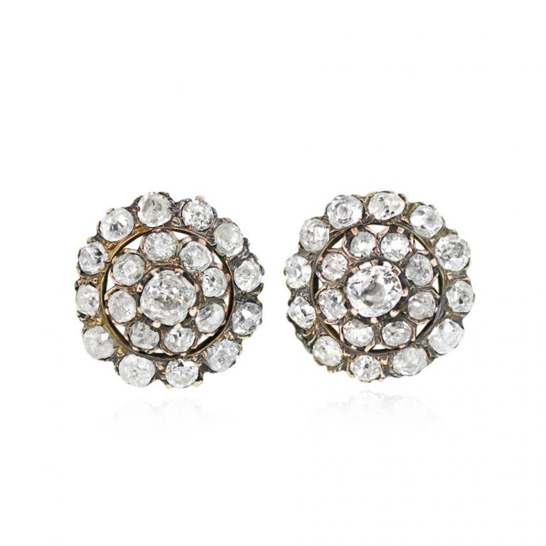 Antique Victorian Diamond Cluster Halo Trenton Earrings, Circa 1840