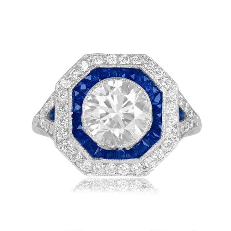 1.58ct Art Deco Style Diamond and Sapphire Platinum Lisbon Ring