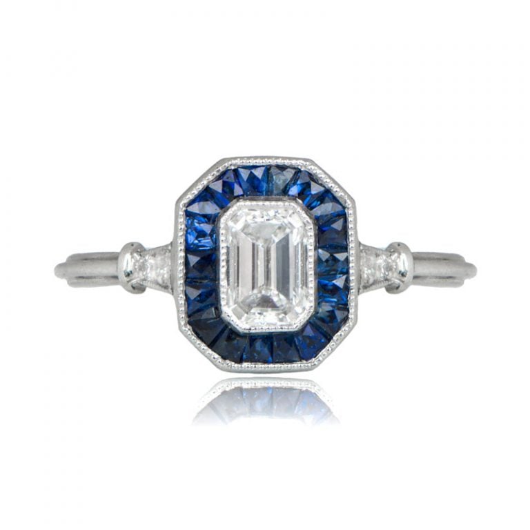 Art Deco Style Emerald Cut Diamond and Sapphire Platinum Pacific Ring