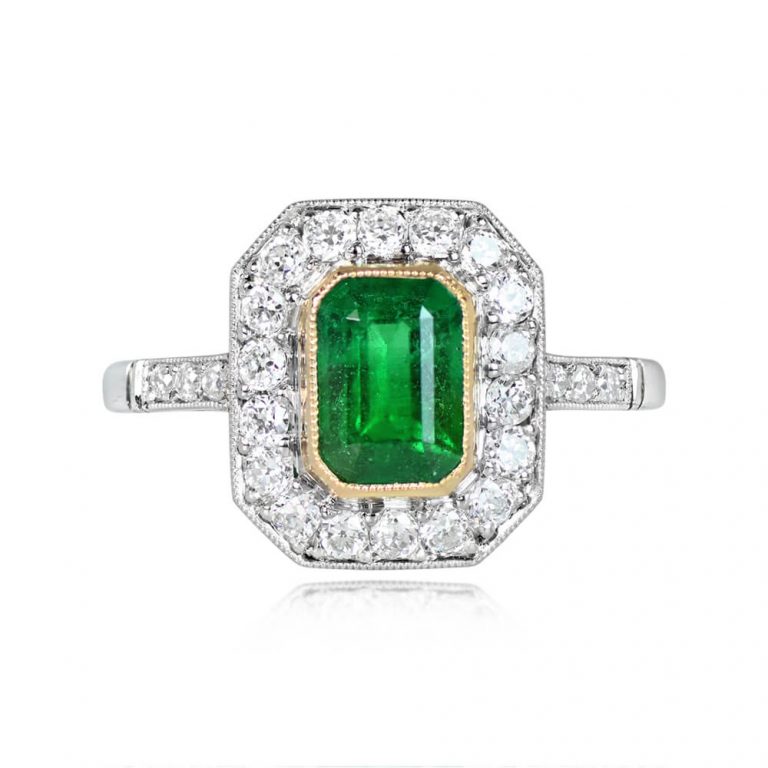 1.03ct Emerald Cut Emerald and Diamond Halo Platinum Ring