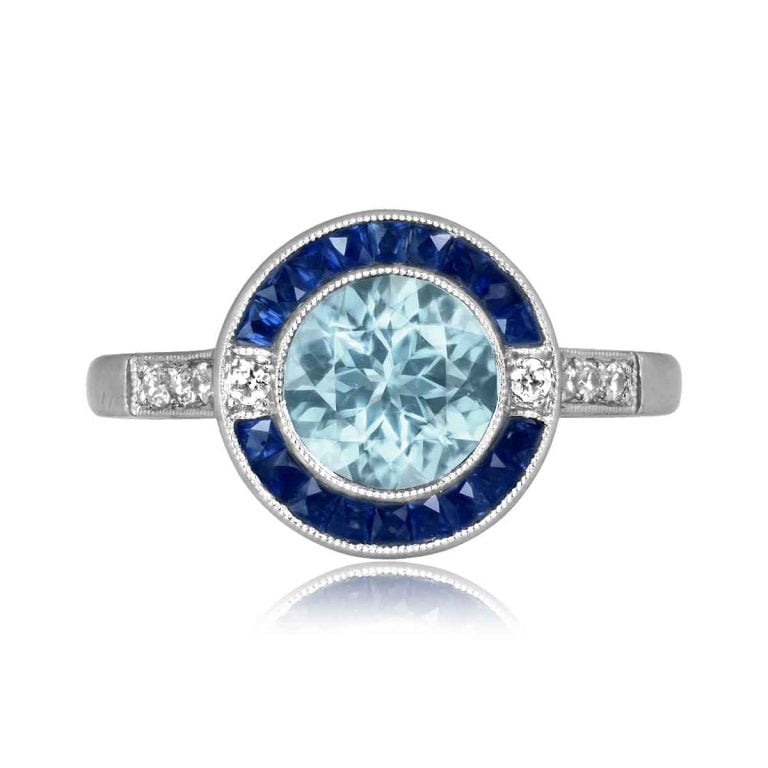 1ct Aquamarine and Sapphire Halo Platinum Thames Ring