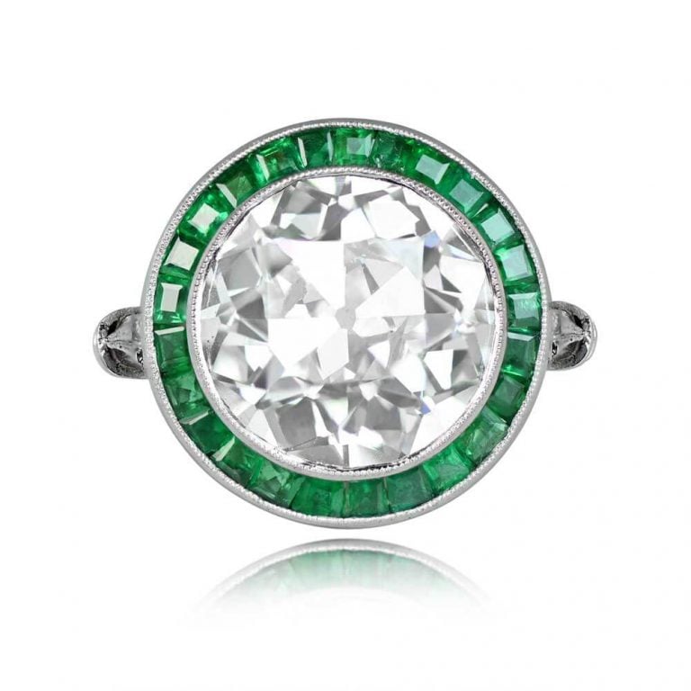 5.91ct Diamond and Emerald Halo Platinum Hudson Ring