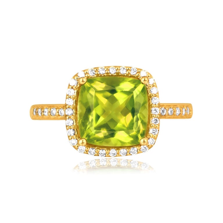 Cushion Cut Peridot and Diamond August Aven Ring